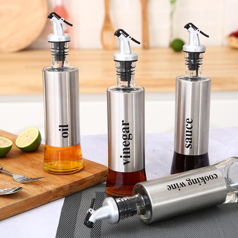 Stainless Steel Glass Oil & Seasoning Bottle Set for Kitchen – Soy Sauce, Vinegar, Cooking Wine, Sesame Oil Containers