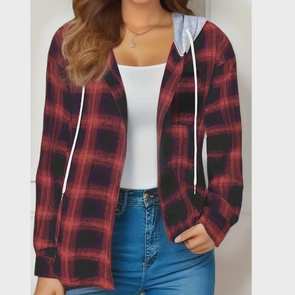 2024 Autumn/Winter Plaid Hooded Sweater Button-Up Casual Shirt for Women