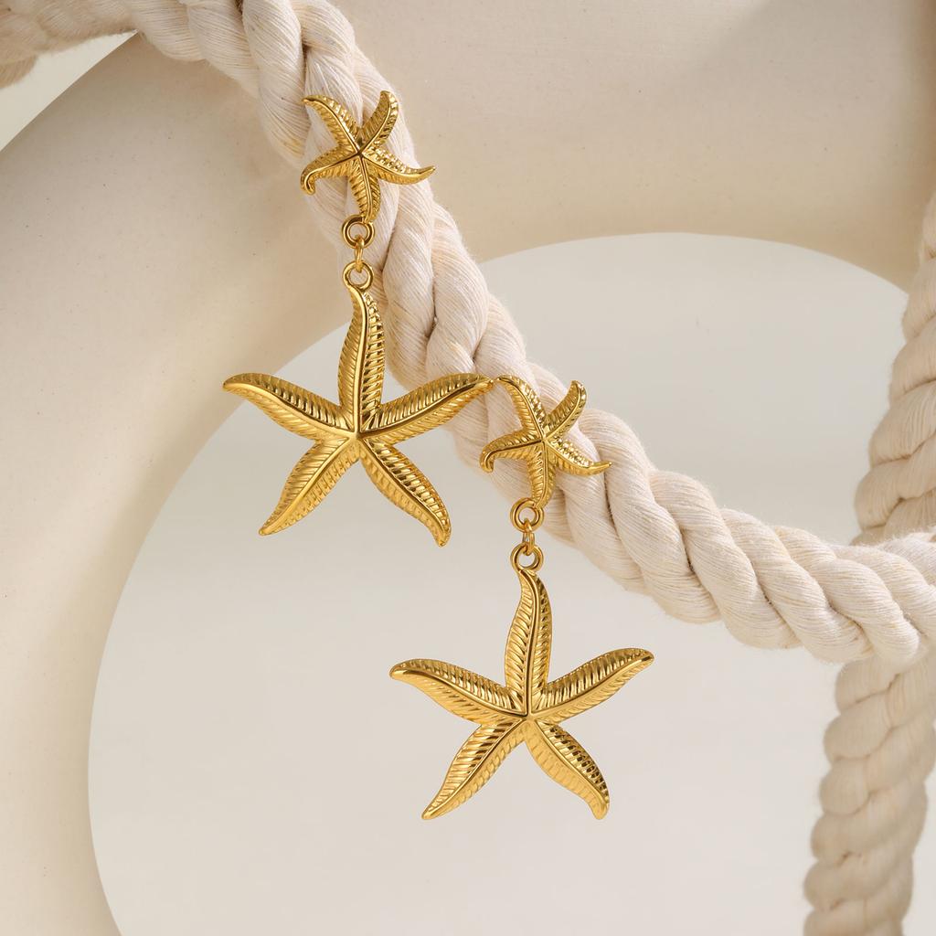 Starfish Drop Dangle Earring for Women, Gold Plated Stainless Steel Beach Sea Earrings, Waterproof Summer Ocean Jewelry