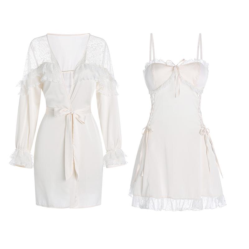 Pajamas Sexy for Women, Satin V Tie, Breast Pad, Lace Suspenders, Tempting Nightgown, Robe, Home Wear