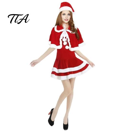 Velvet Festival Clothing Women Christmas Santa Claus Outfit, Cosplay Costume with Dress, Character Suit Hat & Shawl, Xmas Party Mini Sleeveless Dress