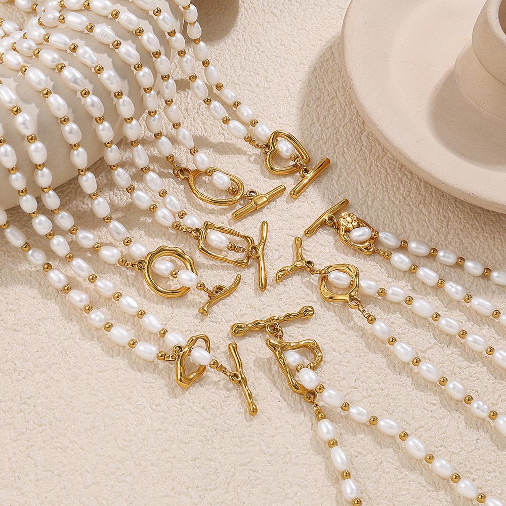 Stainless Steel Freshwater Pearl OT Buckle Necklace Bracelet Set Simple Gold Plated Necklace Bracelet
