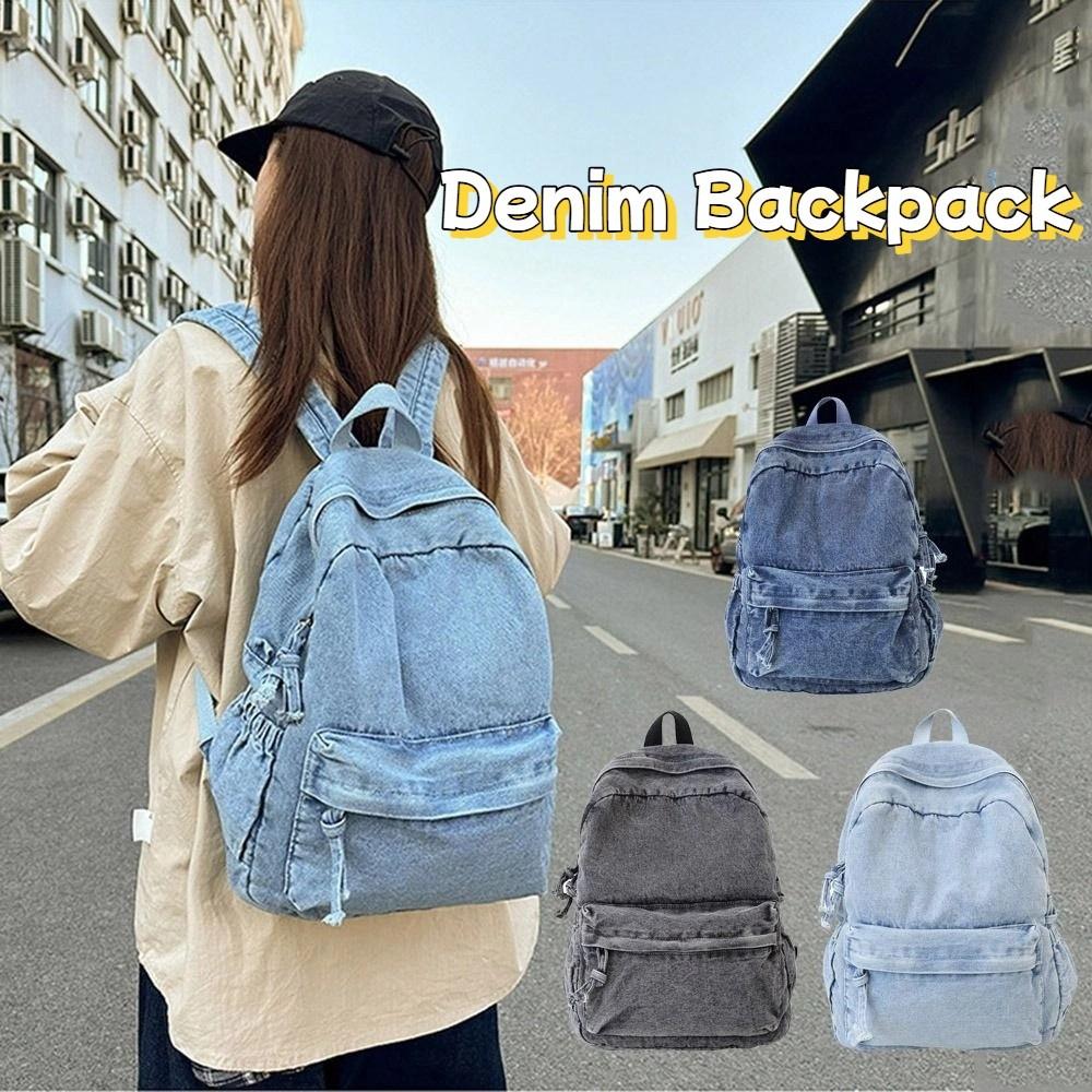 Japanese Style Denim Backpack Street Style Solid Crossbody Bag Portable Vintage Handbag Travel