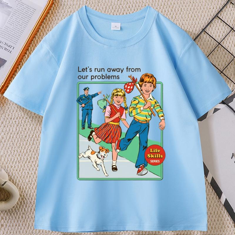 Lets Run Away Graphic T Shirts Crewneck Vintage Short Sleeve Unisex WOMEN Tee Shirt Unisexs Designer Clothing Streetwear Tops