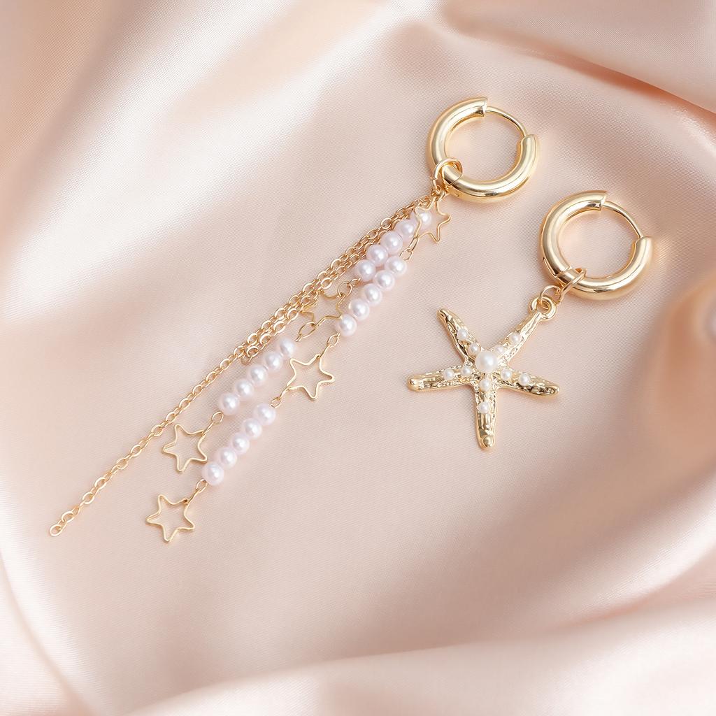 Summer Beach Vacation Style New Detachable Dual-purpose Starfish Tassel Imitation Pearl Asymmetric Earrings
