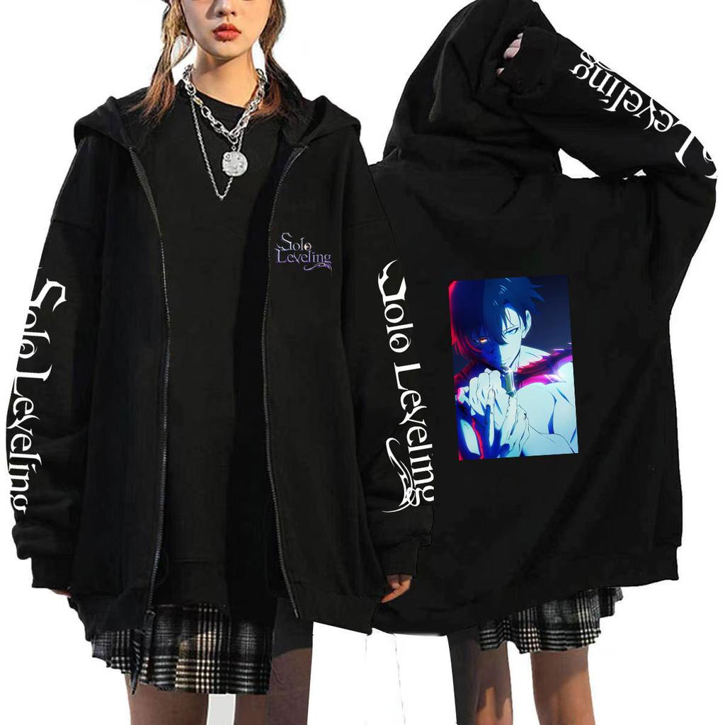 Solo Leveling Harajuku Anime Zipper Hoodies Mens Casual Zipper Coats Cartoon Printed Sweatshirts Hip Hop Hoody Streetwear Hooded Cardigan Tops