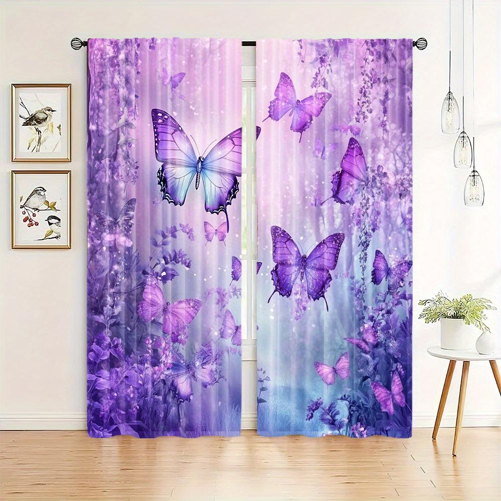 2pcs Set Blue Purple Butterfly Floral Curtains, Soft Polyester, Rod Pocket Design for Living Room, Bedroom, Kitchen, And Office