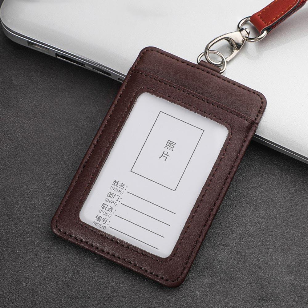 

High Quality Genuine Leather Work Card Holder With Neck Lanyard Solid Color ID Badge Holders Chest Cards Cases Business