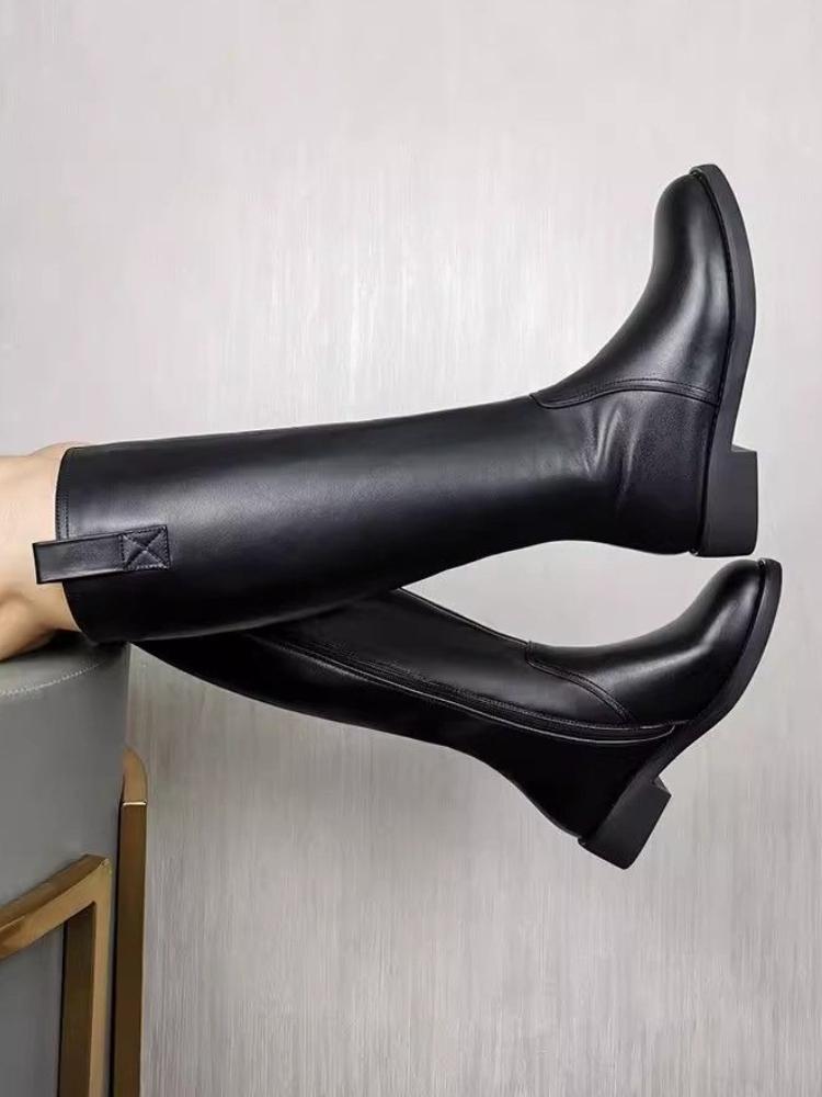 Black Leather Elegant Middle Heel Ladies Knee High Shaft Shoes Autumn Winter Fleece-Lined Round Toe New In Women'S Long Boots