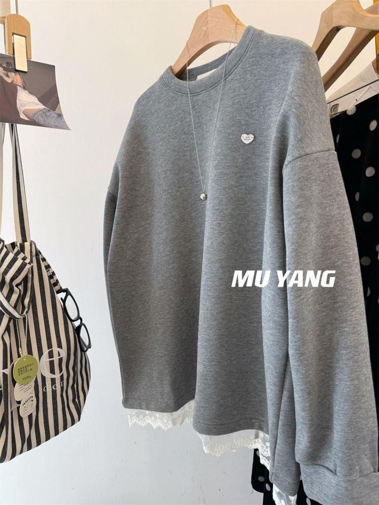 Women's Korean Lace Trim Round Neck Fleece Sweatshirt - Winter Mid-Length Loose Fit