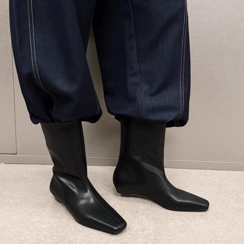 Fashion Skinny Boots Women's Autumn and Winter Square Head Sleeve Thick Heel Low Heel Simple Temperament Short Boots Women's Boots
