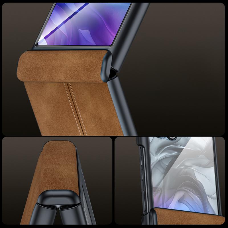 Für Motorola Razr 50 Ultra 5G Hülle Leder Hart PC Handyhülle mit Rückdisplayfolie/Scharnier