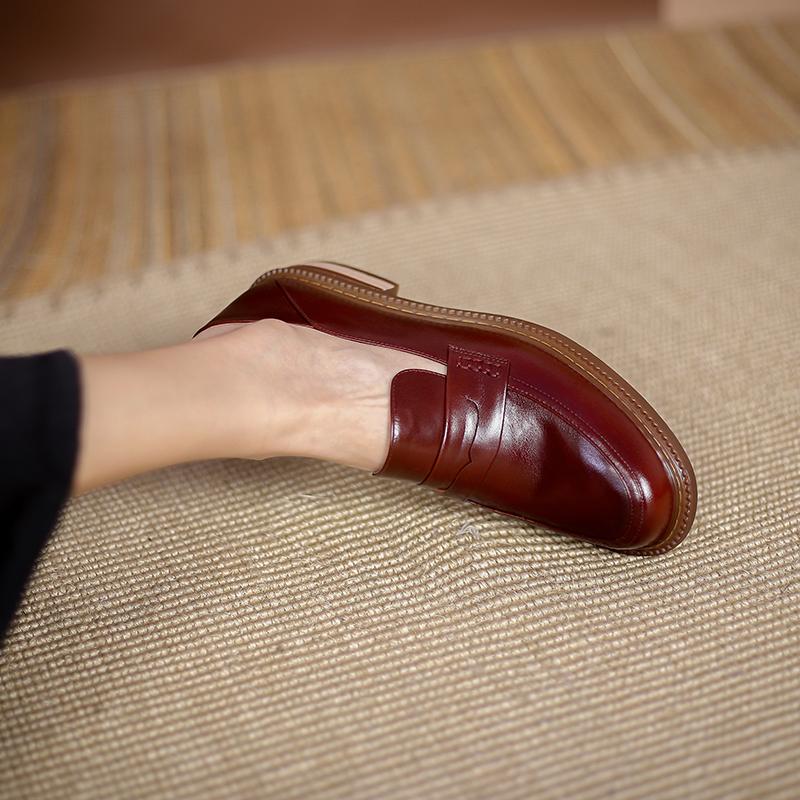 New Butter Leather Women 'S Shoes Fashion Handmade Loafers Round Toe Thick Heel Slip -On Pumps Shoes For Women British Style
