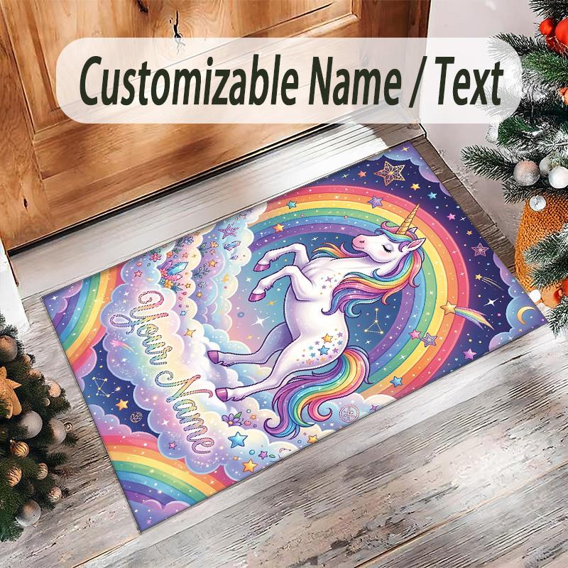 Alfombra de Suelo de Terciopelo de Cristal con Temática de Unicornio, Alfombra Cálida Personalizada con Nombre y Texto, Decoración del Hogar