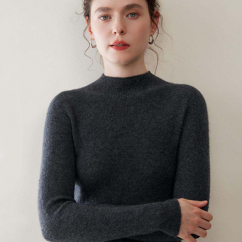 Women's Cashmere Striped Pullover - Slim-Fit Half-High Neck Knitwear for Autumn & Winter