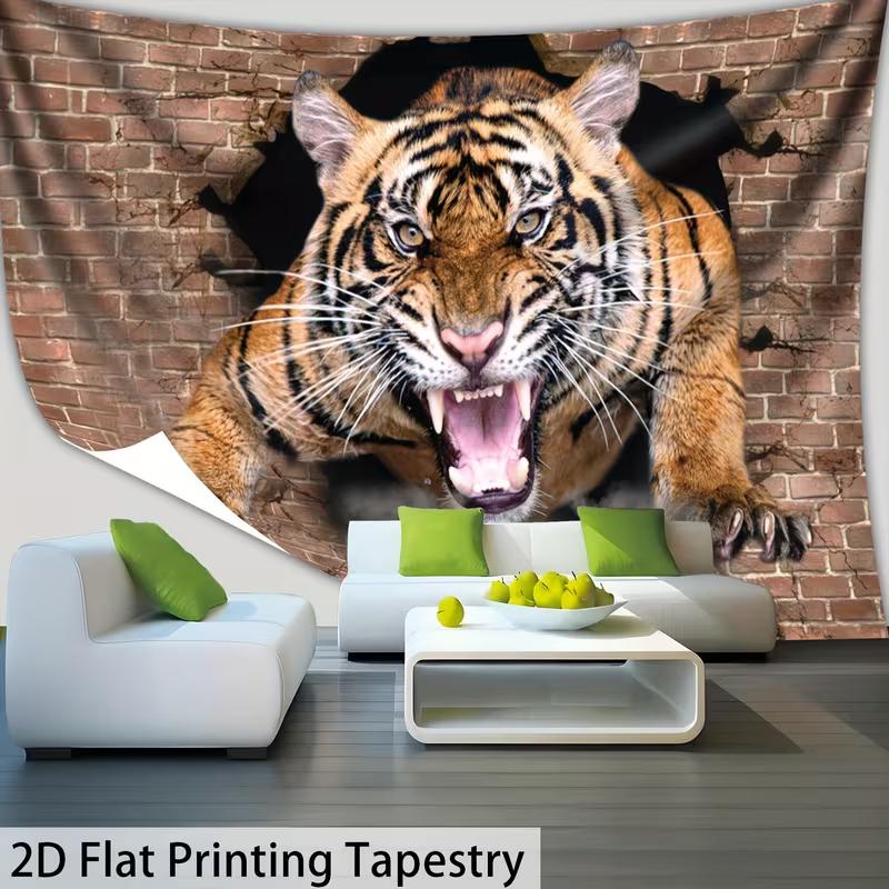 2D Roaring Tiger Tapestry Realistic Brick Wall Background Decor