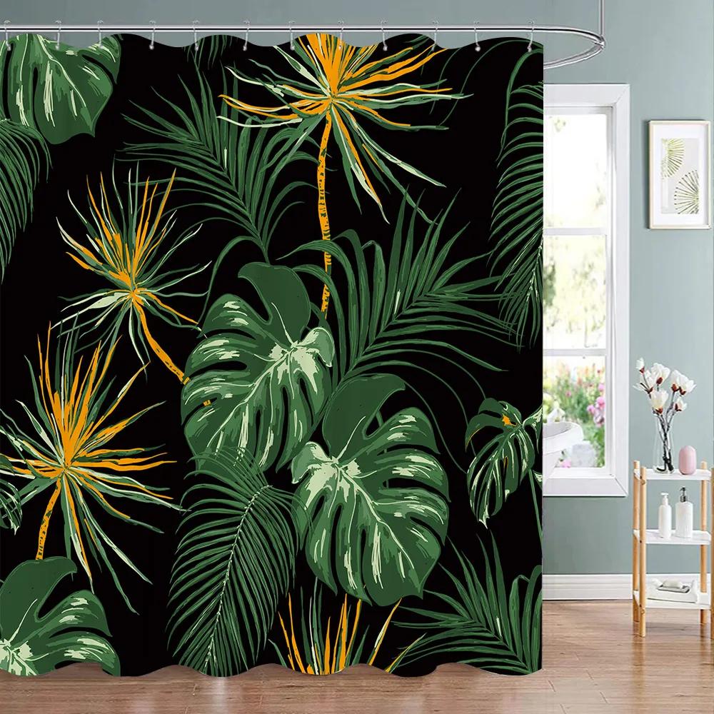 Botanical Flower Shower Curtain Tropical Leaves Fresh Flowers Polyester Fabric Washable Shower Curtain Bathroom Decor With Hooks