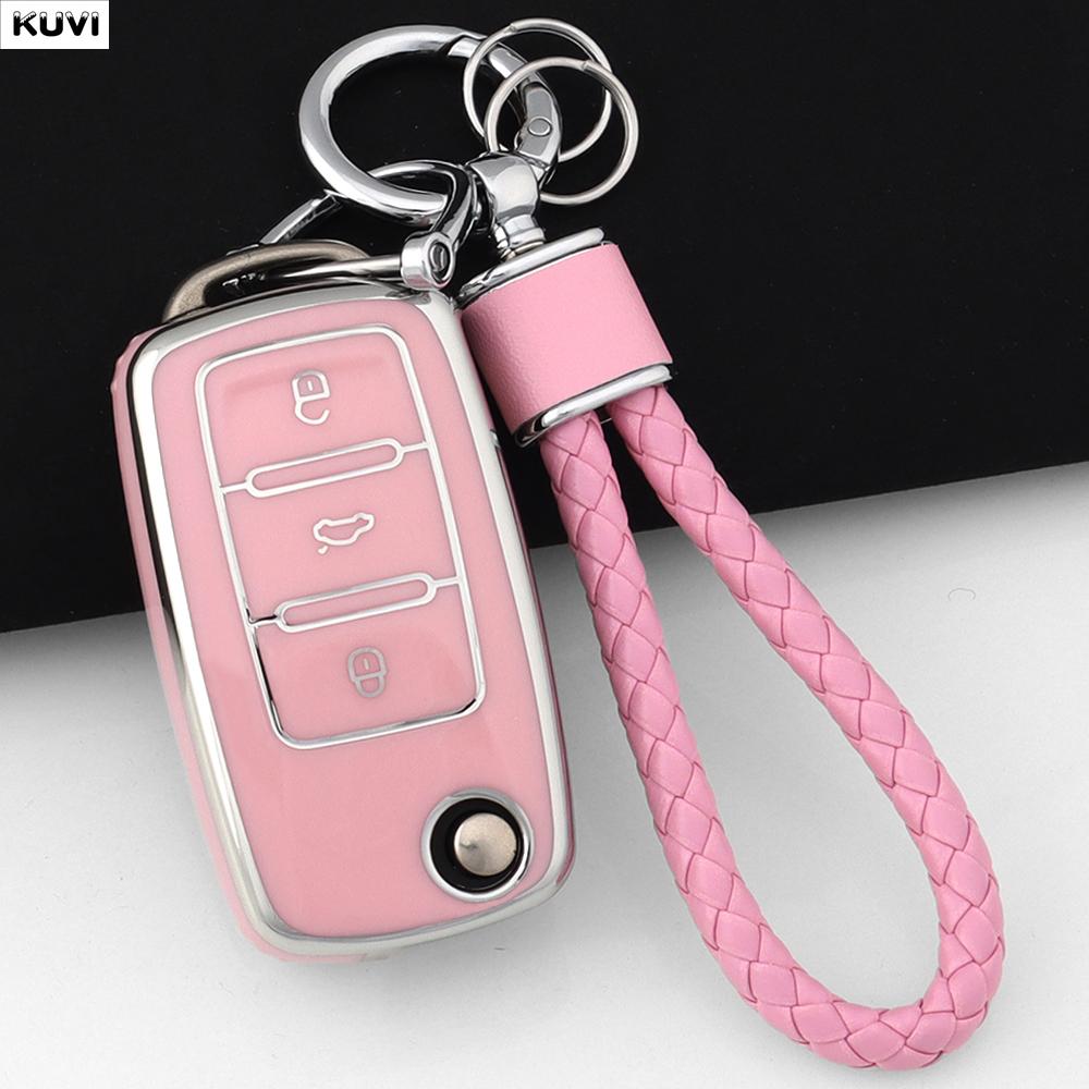 Pink Tpu Car Flip Key Case Cover For Volkswagen Vw Polo Golf Passat Tiguan Beetle Caddy T5 Up Eos Skoda Octavia Seat Leon Altea