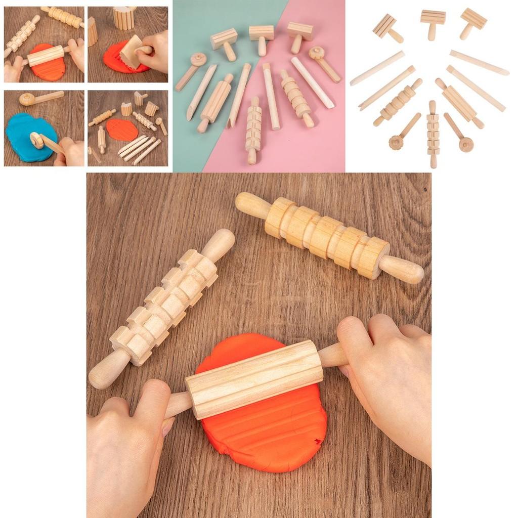 Wooden Pasta Rolling Pin With Textured Surface For Kids Diy Craft And Play