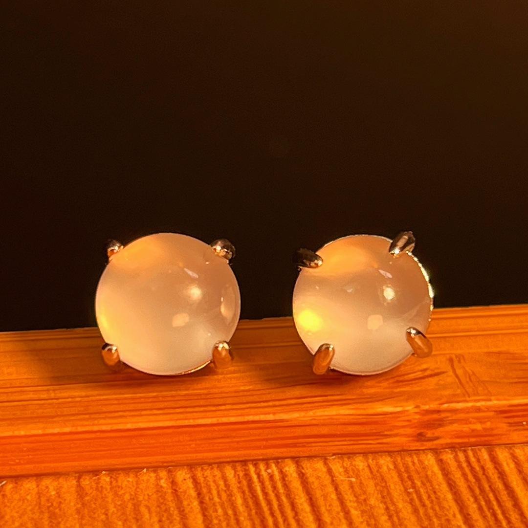Jade White Ice Light Natural White Chalcedony Earrings Agate Studs, Real Shot