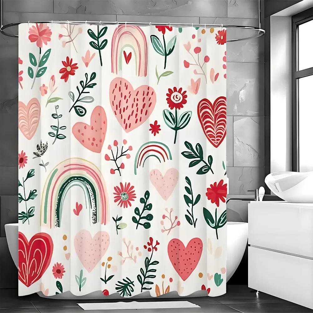 Painted Hearts And Rainbows Shower Curtain Washable Dirt-Resistant Shower Head Waterproof Polyester Bath Curtain For Home Decor