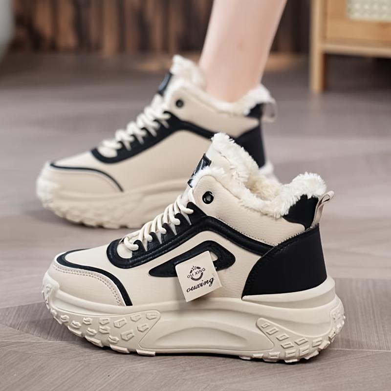 Stivaletti da Donna Invernali Caldi con Fodera in Pile, Alti alla Caviglia, con Spessa Suola Antiscivolo Beige, Scarpe Stringate per Tempo Freddo, Stivali Invernali