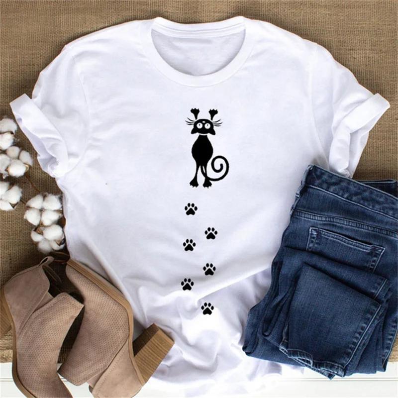 Maycaur Cute Paw Women T Shirt Fashion Cat MOM Printed Woman Tops Harajuku Punk O-neck Top Tee Black Shirt T Female T-shirt