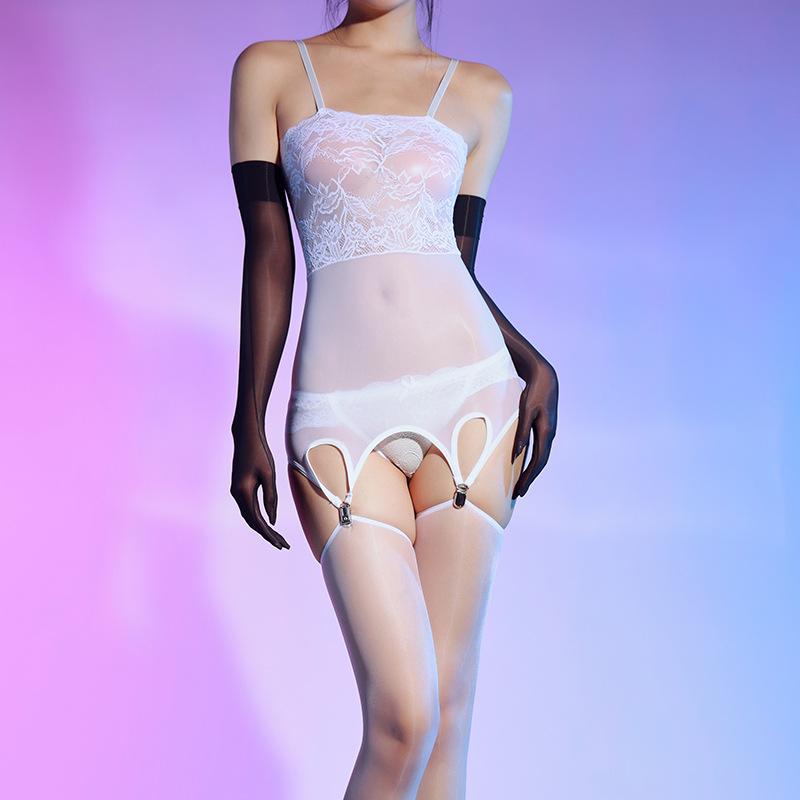 Women Sexy Stockings With Garter Belt Suit Lace Tube Top Jumpsuit Oil Shiny Sheer Tights Hollow High Socks Exotic Lingerie