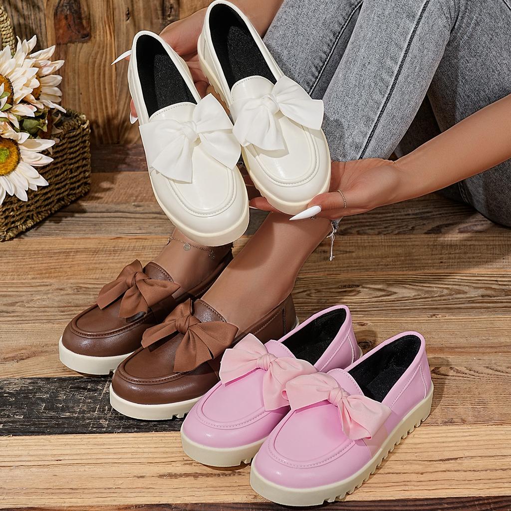 Bow Thick-soled Loafers for Women, 2025 Autumn New British-style Plus-size Muffins with A Foot of Small Leather Shoes
