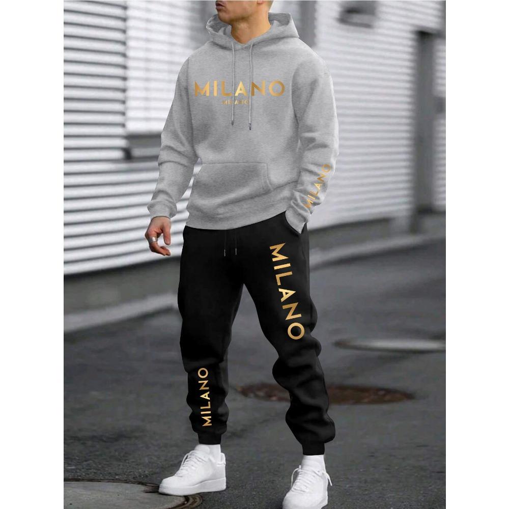 Men's Vacation Style Printed Sportswear and Pants Set, Casual Sportswear Drawstring Pants Set, Autumn and Winter Men's Outdoor 2 Piece Set