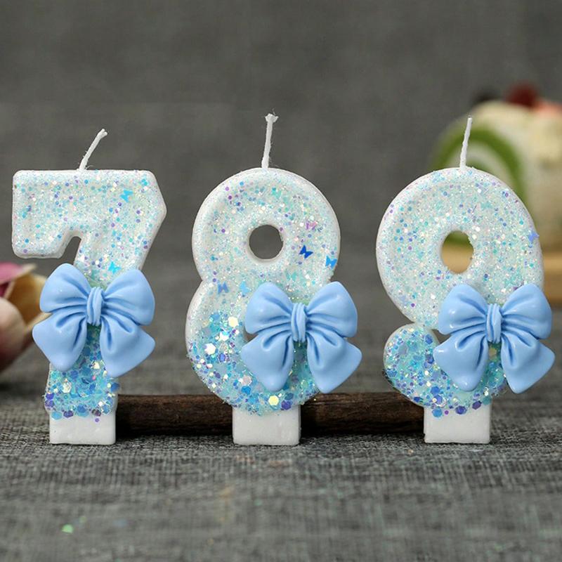1pc Handmade Birthday Candle Party Celebration Supplies Decorative Candle Blue Bowknot Creative Digital Candle For Birthday Cake