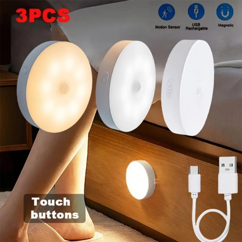 3set Led Closet Light Motion Sensor 8 LED USB Rechargeable Round Under Cabinet Light Two Colors Available Suitable for kitchen