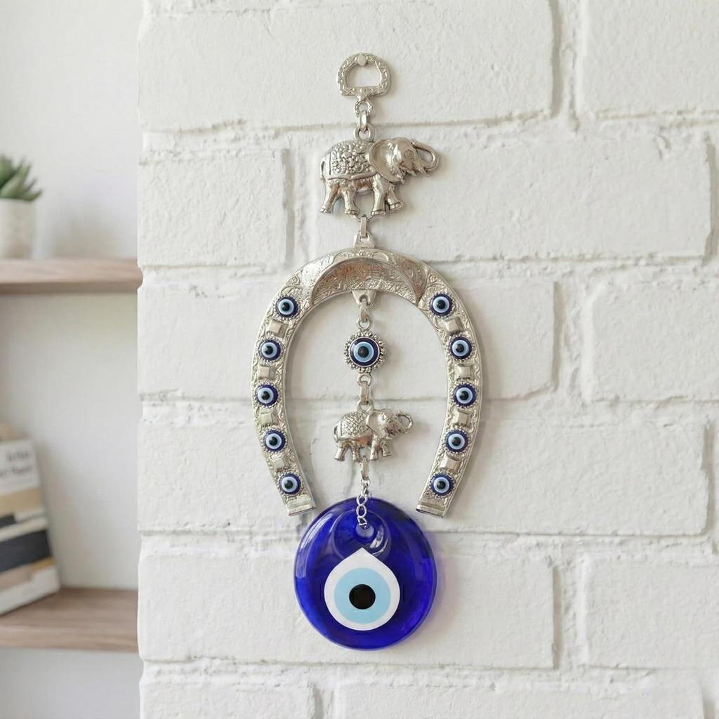 Ornamento Suspenso de Cavalo Turco de Prata Azul Olho Grego com Elefante para Entrada de Casa