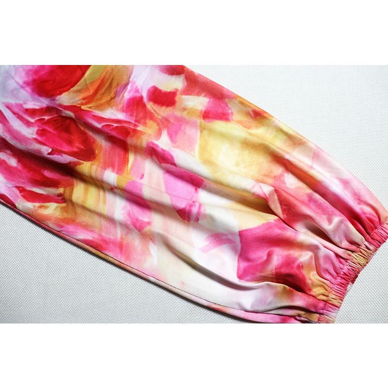 Summer Women's Sexy U Neck Wrap Printed Lantern Sleeve Neckless Pullover Stretchy Loose Top