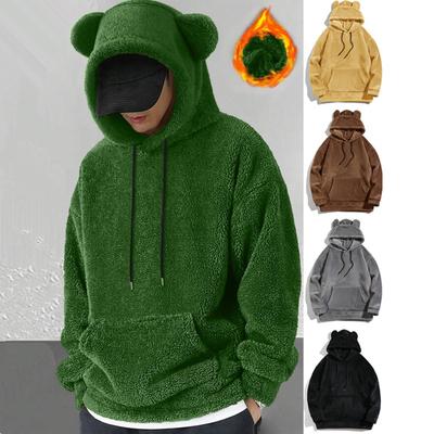 Winter Men Double-sided Velvet Hoodie with Cartoon Ear Decor Loose Long Sleeves Thermal Fleece Top Casual Daily Sweatshirts
