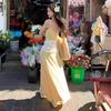 Yellow floral suspender dress women's summer sleeveless vest skirt French sweet wind waist long dress a word skirt