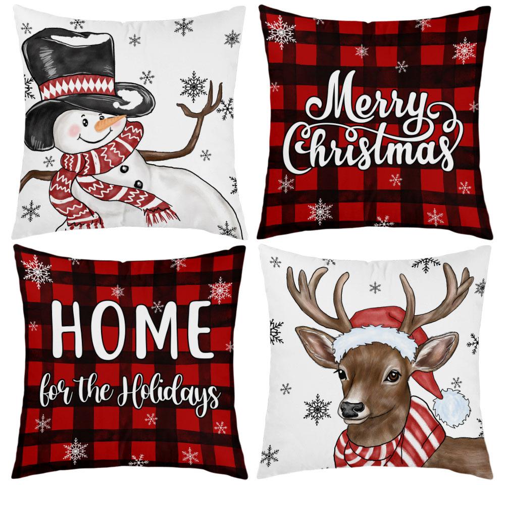 New Christmas Short Plush Pillow Cover Peach Skin Digital Printing Cushion Cover Christmas Snowman Pattern