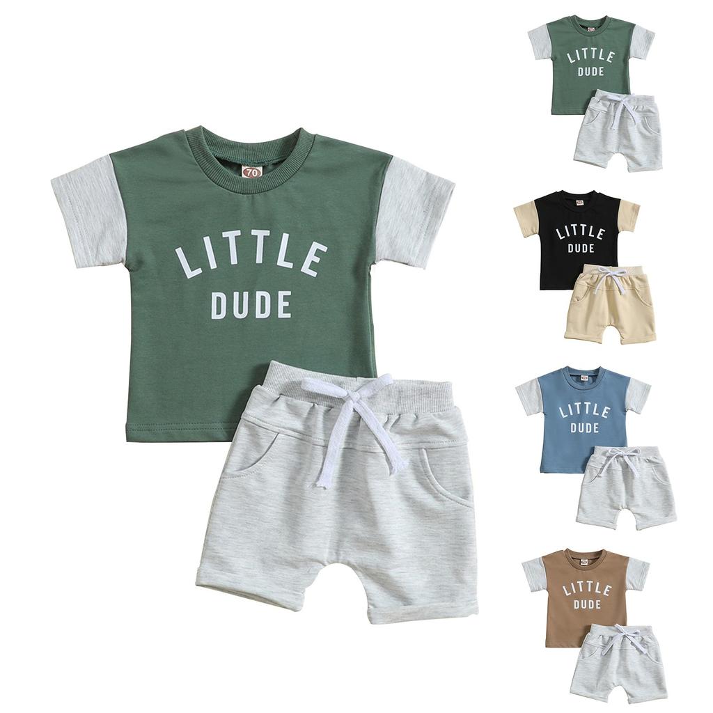 Summer Children's Wear Crewneck Letter-printed Top Solid Color Shorts Two-piece Set