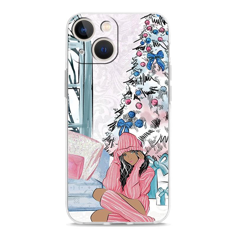 Christmas Art Girls Coffee Transparent Phone Case For iPhone 15 14 13 12 11 Pro Max XS X XR SE 7 8 Plus TPU Lens Protect Cover