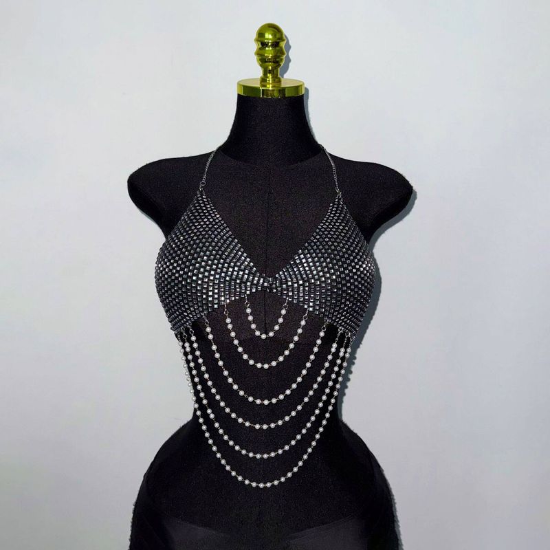European and American Cross-Border Hot-Selling Fishnet Tie-Up Top, Nightclub Party Hottie Halter Top, Multi-Layer Pearl Handmade Halter Bra Black S