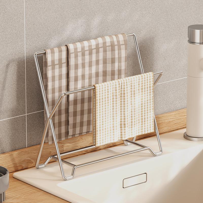 304 Stainless Steel Dishcloth Rack Kitchen Countertop Sink-Side Dishcloth Drying Rack Sponge Holder Cleaning Brush Drainage Storage Rack