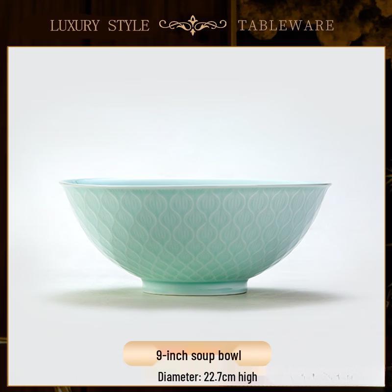 Yipan Celadon Underglaze Embossed Soup Bowl