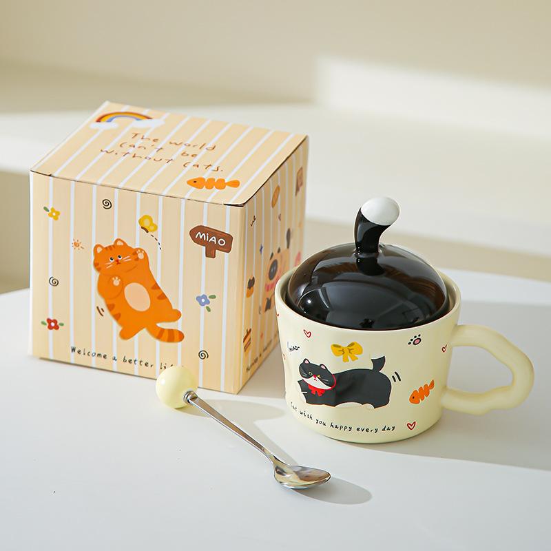 Fun Kitten Mug with Lid Office Cute Ins Ceramic Water Cup Personalized Creative Gift Cup