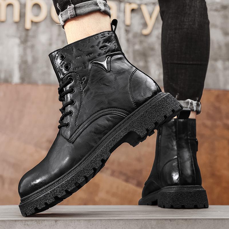 New Motorcycle Boots Casual Leather Men Walking Boots All-match Man High Top Shoes Brand Men Winter Plush Snow Boots