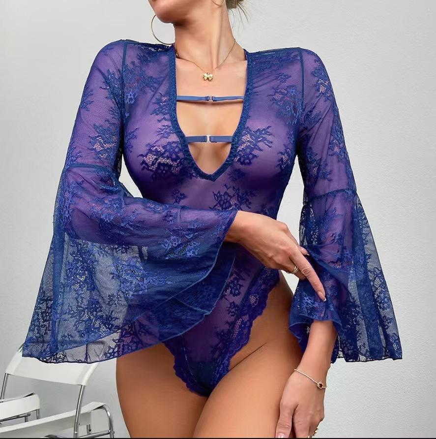 New purple sexy pajamas perspective deep V sex underwear lace horn sleeve onesie