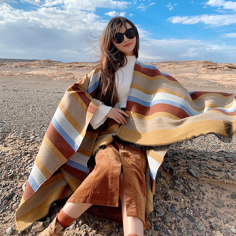 Scarf women's winter outer color matching striped split shawl desert travel photo cape imitation cashmere thickened warm