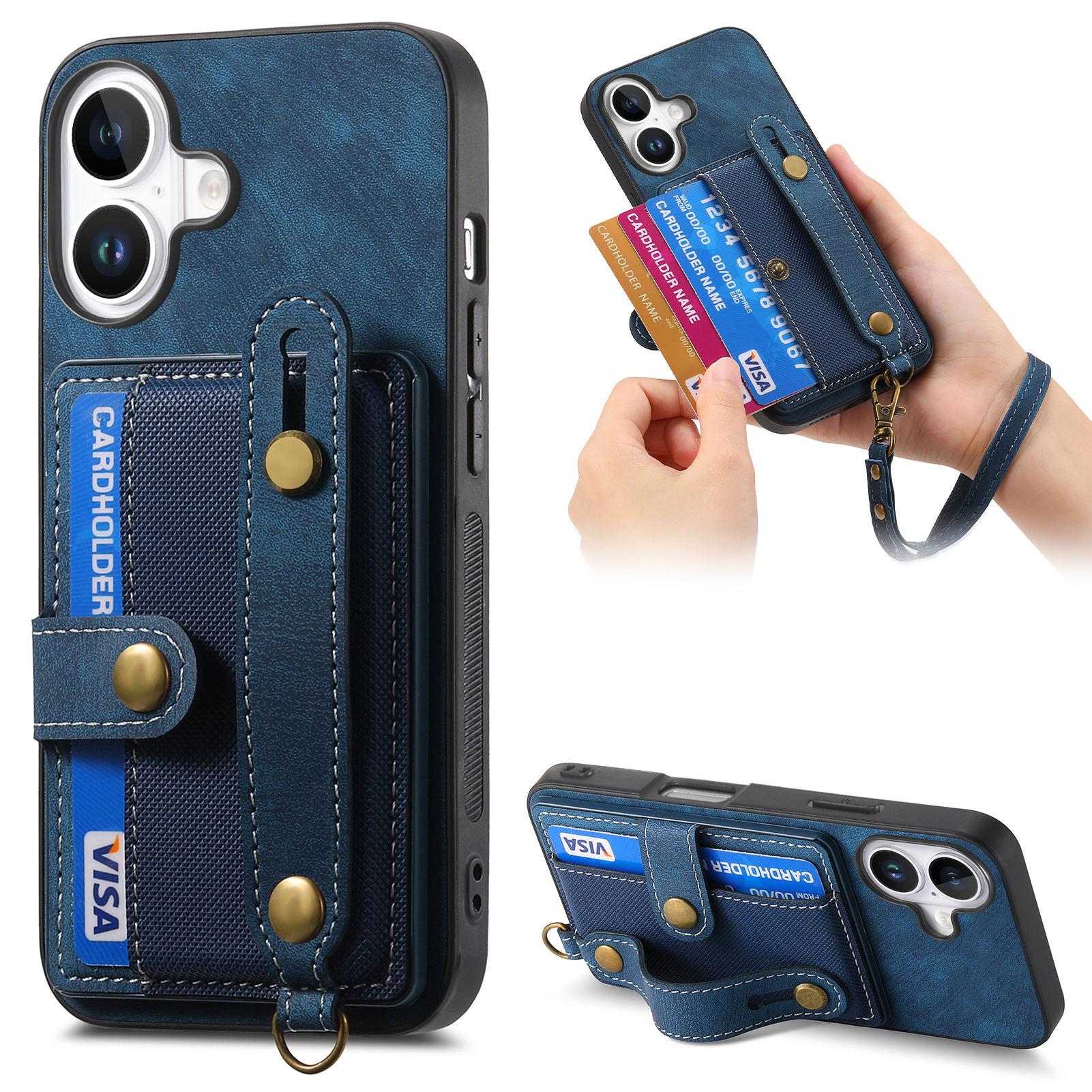 

For iPhone 16 Plus Case Wristband Kickstand PU Leather Retro Back Cover Card Holder Blue