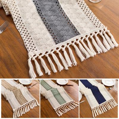 Table Runner Color Block Long Strip Design Tassel Element Table Flag Easy To Clean Dining Table Decor Accessory