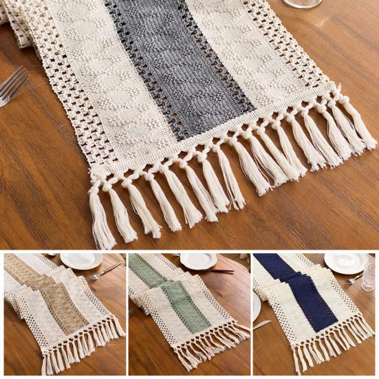 Table Runner Color Block Long Strip Design Tassel Element Table Flag Easy To Clean Dining Table Decor Accessory