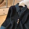 Korean-Style Denim Patchwork Faux Two-Piece Knitted Cardigan for Women, 2025 Winter New Fashion Stylish Soft Sweater Coat